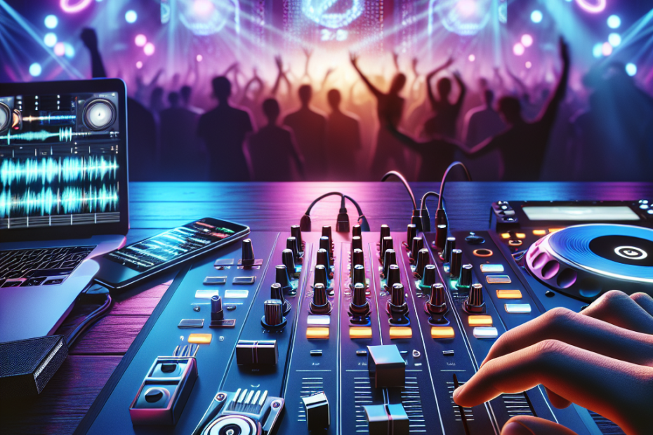 DJ konsoli va pleylist bilan neon yorug‘likda 2021 klub xitlari vizuali